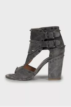 Grey suede ankle boots with studs