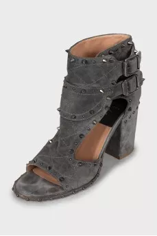 Grey suede ankle boots with studs