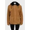 Brown sheepskin coat with a hood
