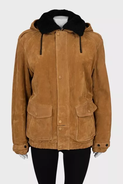Brown sheepskin coat with a hood