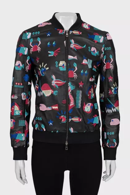 Leather bomber jacket decorated with embroidery