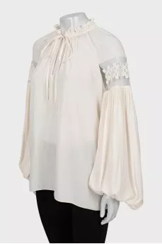Beige blouse with mesh inserts