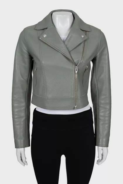 Cropped green leather jacket
