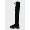 Black suede lace up over the knee boots