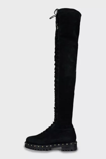 Black suede lace up over the knee boots