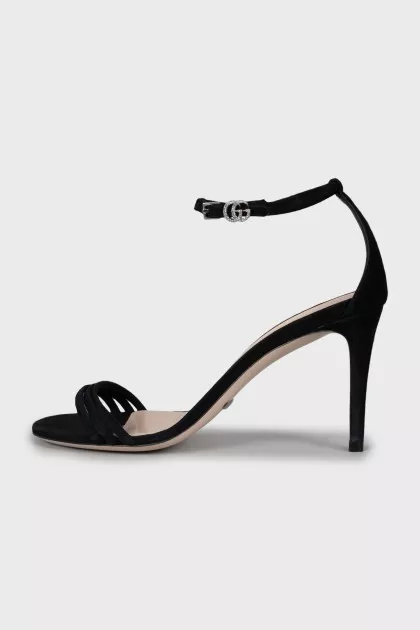 Black suede stiletto heel sandals
