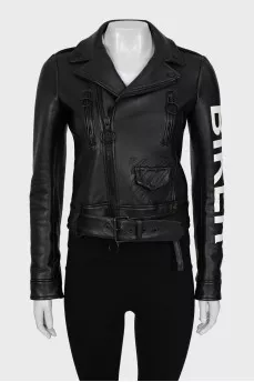 Leather jacket with text print
