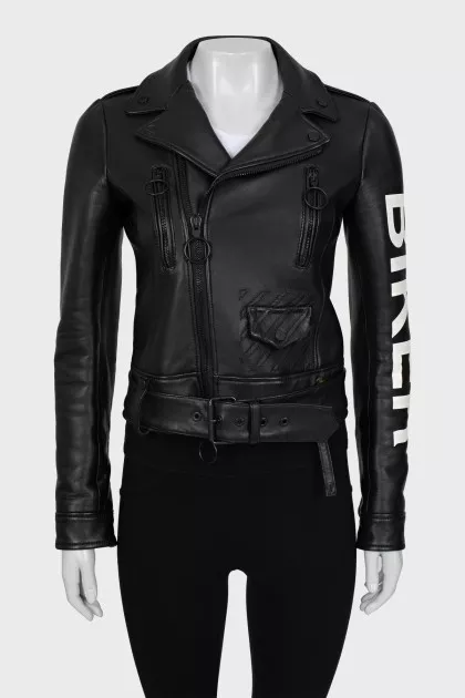 Leather jacket with text print