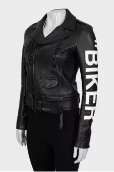 Leather jacket with text print