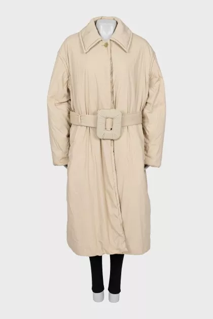Beige maxi down jacket with belt
