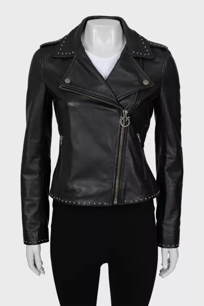 Leather jacket with metal rhinestones