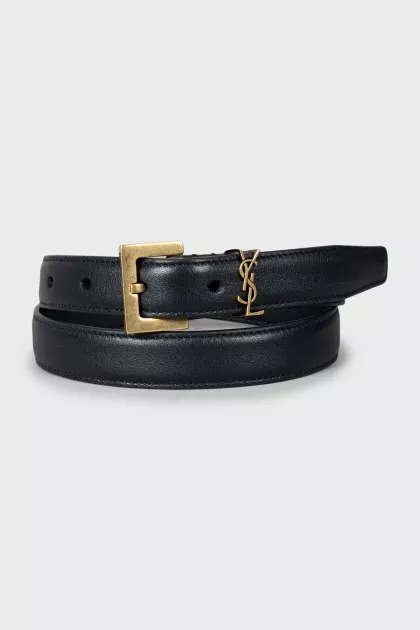 Thin leather belt with gold logo