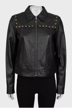 Leather jacket with metal rhinestones