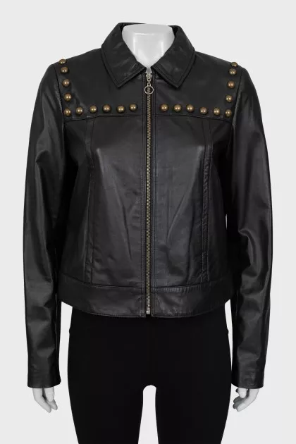 Leather jacket with metal rhinestones