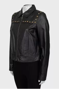 Leather jacket with metal rhinestones