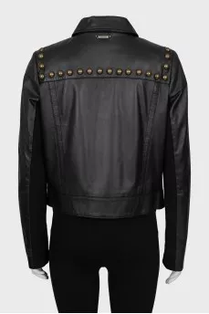 Leather jacket with metal rhinestones