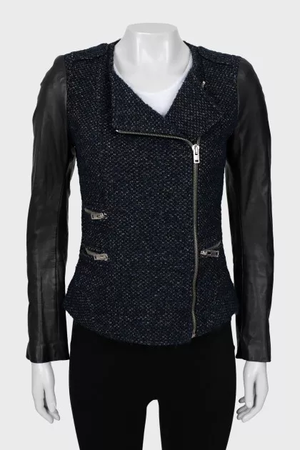 Jacket with leather sleeves and zipper