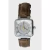 Square watch with leather strap
