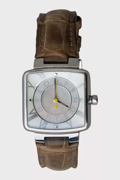 Square watch with leather strap