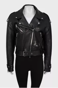 Leather jacket with decor on the sleeves