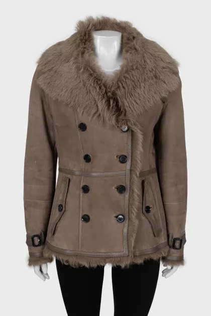 Brown double-breasted sheepskin coat