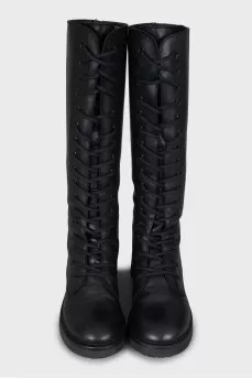 Чорні чоботи зі шкіри на шнурівці