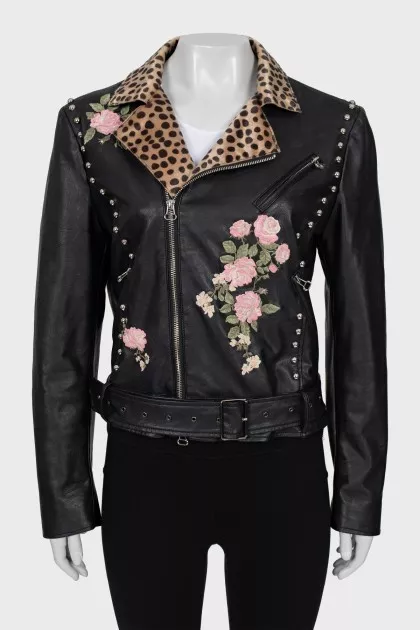 Leather jacket with print on the collar