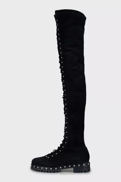 Black suede lace-up over-the-knee boots