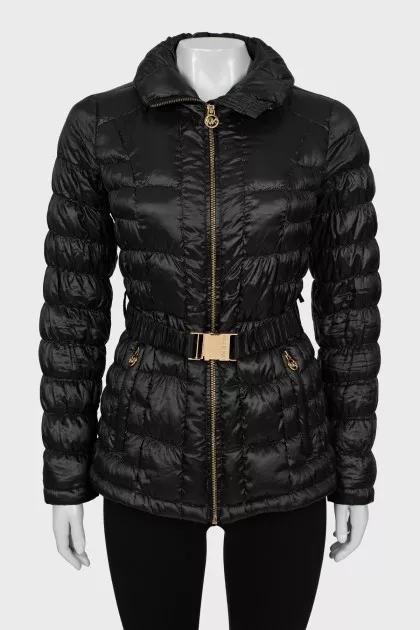 Black quilted down jacket with belt