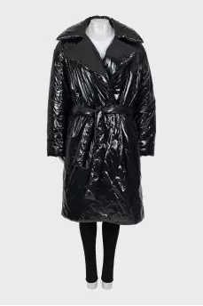 Patent leather down jacket with belt and tag