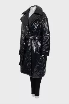 Patent leather down jacket with belt and tag