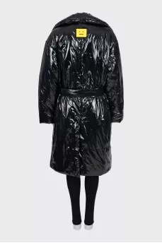 Patent leather down jacket with belt and tag