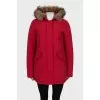 Red parka with fur on the hood