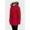 Red parka with fur on the hood