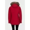 Red parka with fur on the hood