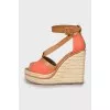 Textile and leather wedge sandals