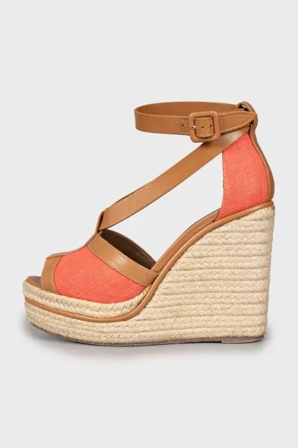 Textile and leather wedge sandals