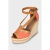 Textile and leather wedge sandals