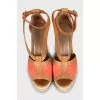 Textile and leather wedge sandals