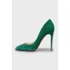 Suede shoes with golden rhinestones