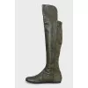 Green leather and suede over the knee boots