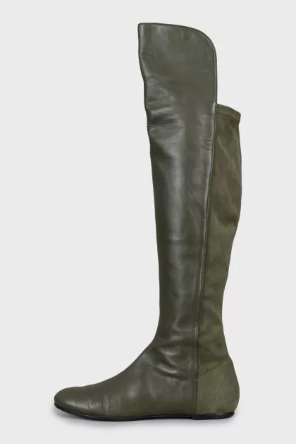Green leather and suede over the knee boots