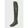 Green leather and suede over the knee boots