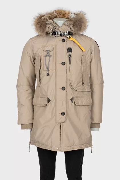 Men's beige parka with tag
