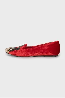 Velour loafers with leather decor