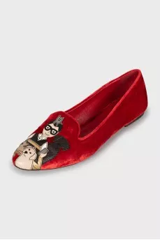 Velour loafers with leather decor