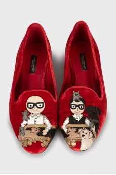 Velour loafers with leather decor
