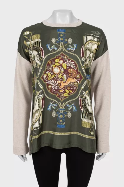 Knitted jumper with silk insert