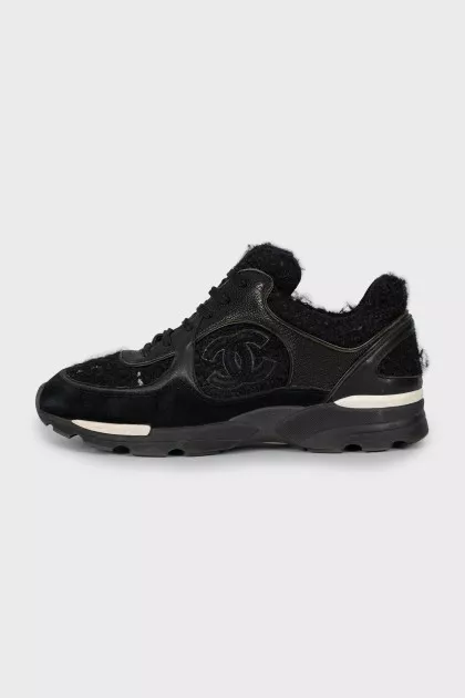 Black leather and textile sneakers