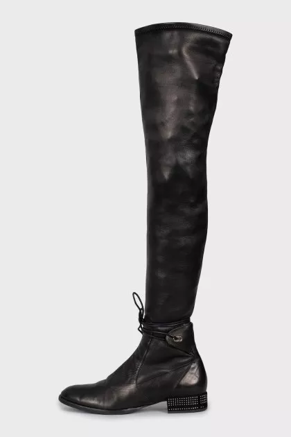 Leather over the knee boots with heel decoration